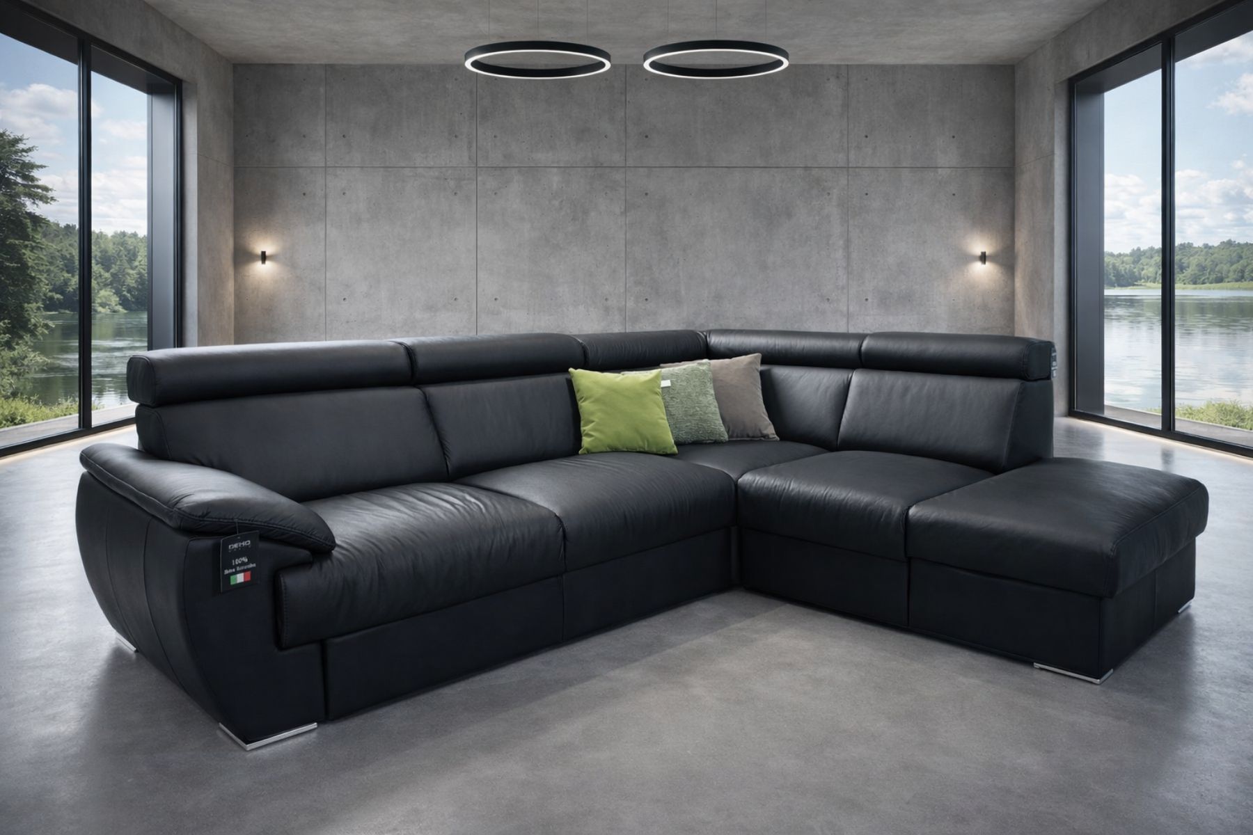 Narożnik Monaco II w kolorze czarnym, regulowane zagłówki, funkcja spania i pojemnik na pościel