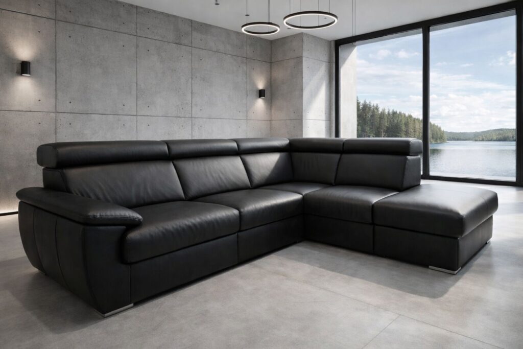 Narożnik Monaco II w kolorze czarnym, regulowane zagłówki, funkcja spania i pojemnik na pościel