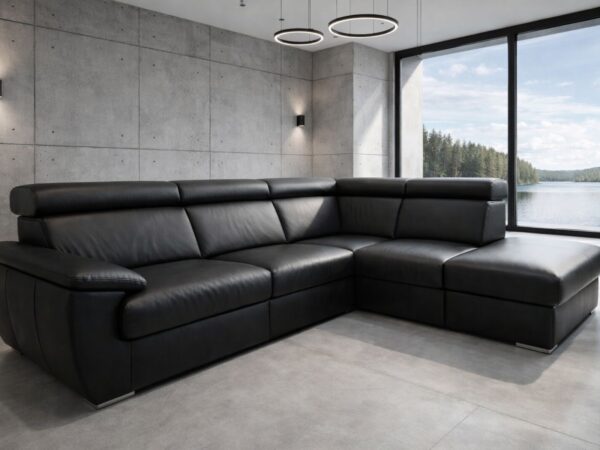 Narożnik Monaco II w kolorze czarnym, regulowane zagłówki, funkcja spania i pojemnik na pościel