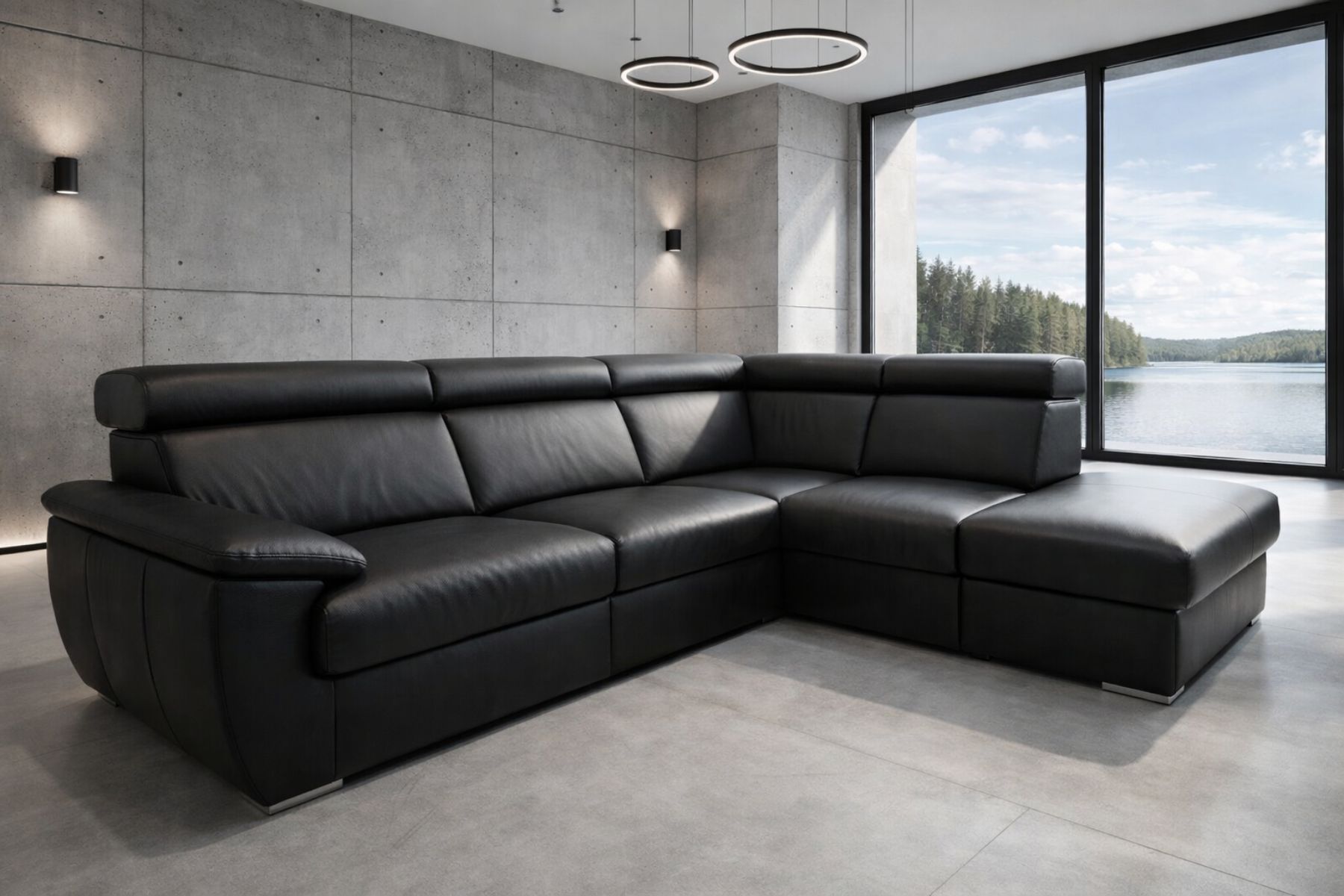 Narożnik Monaco II w kolorze czarnym, regulowane zagłówki, funkcja spania i pojemnik na pościel