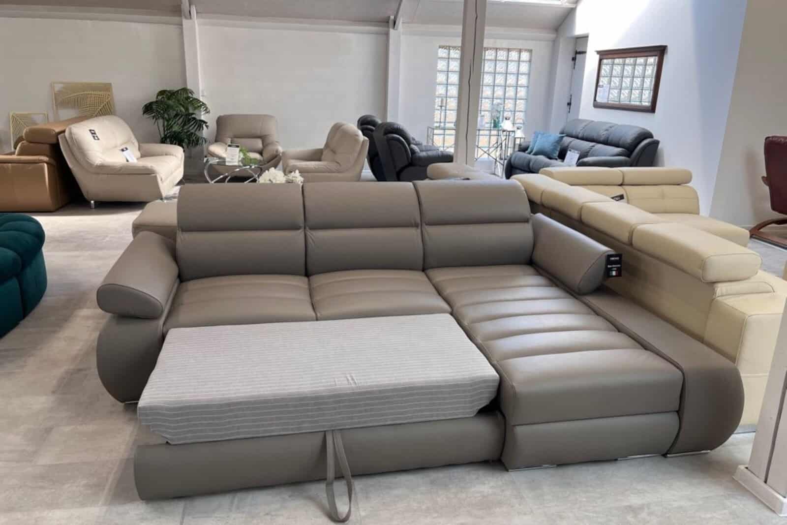 Narożnik Panama skóra + eko kolor Granit pojemnik oraz funkcja spania