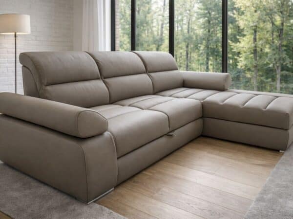 Narożnik Panama skóra + eko kolor Granit pojemnik oraz funkcja spania