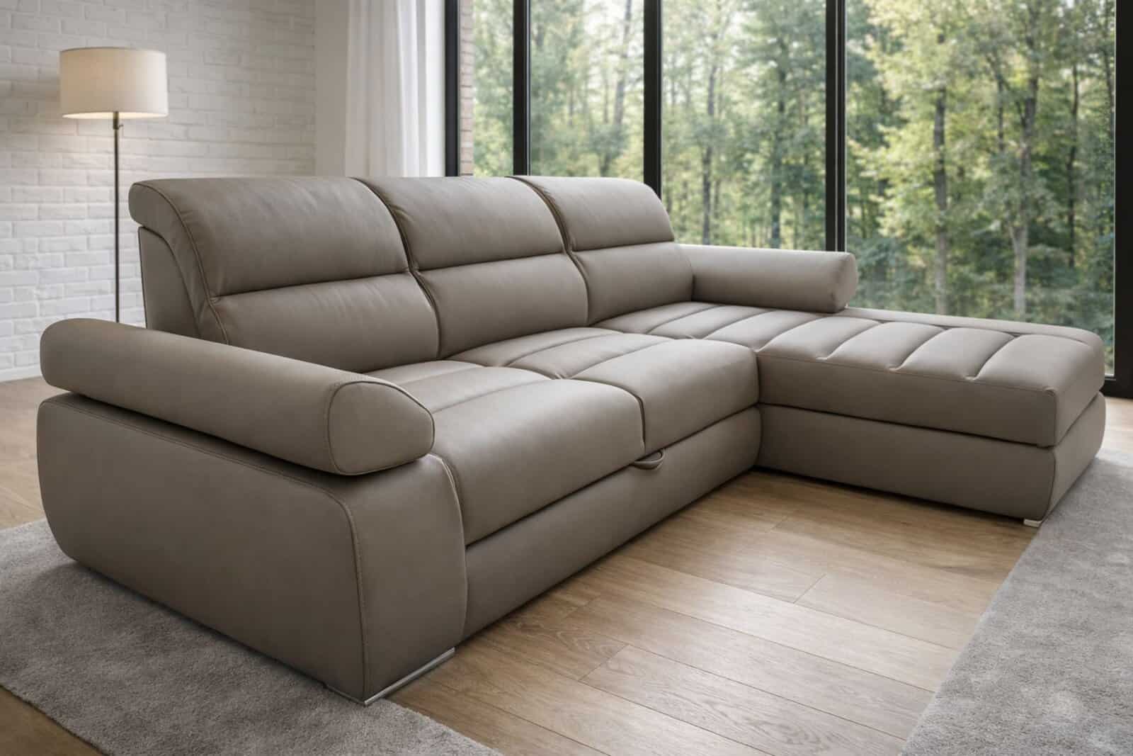 Narożnik Panama skóra + eko kolor Granit pojemnik oraz funkcja spania