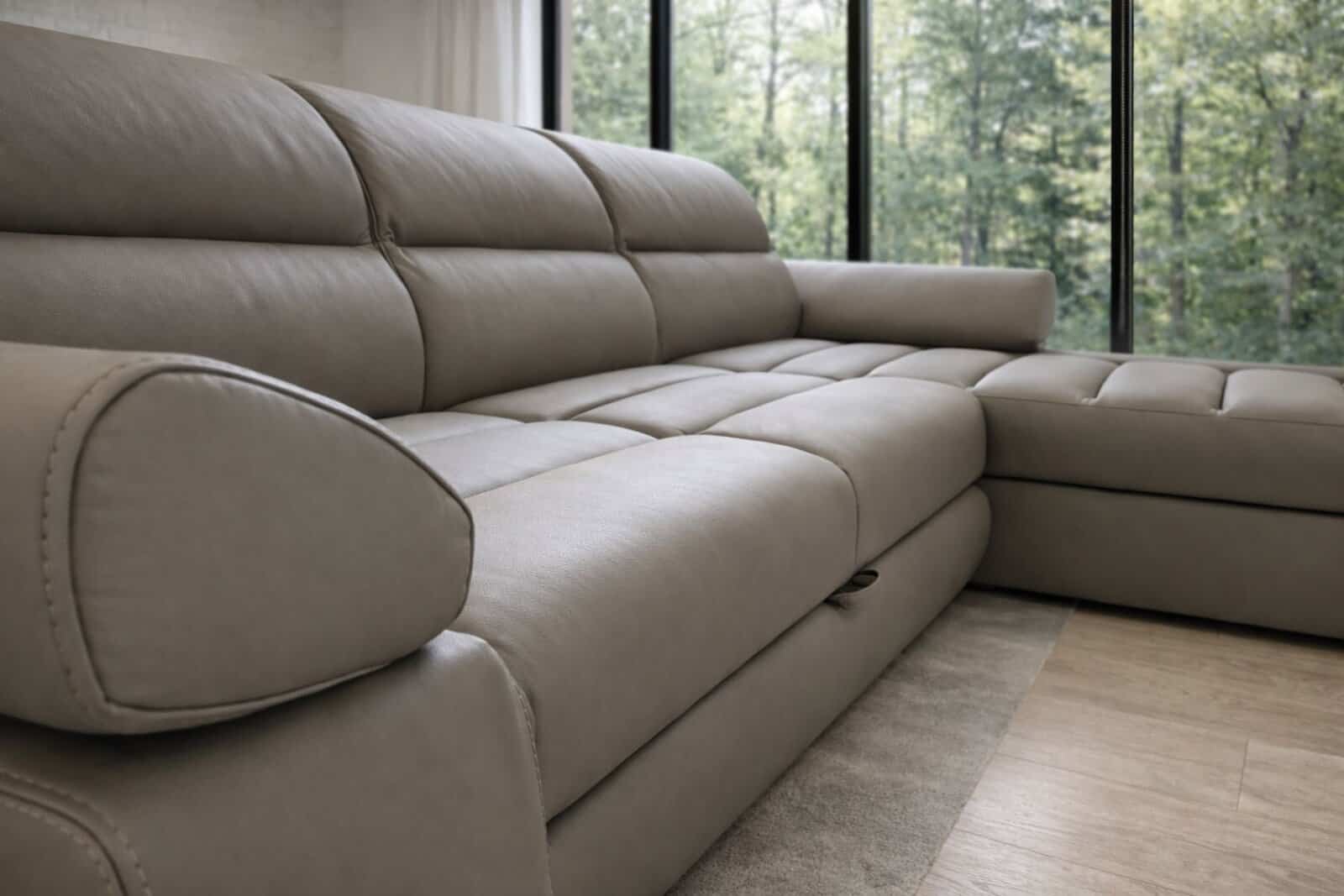 Narożnik Panama skóra + eko kolor Granit pojemnik oraz funkcja spania