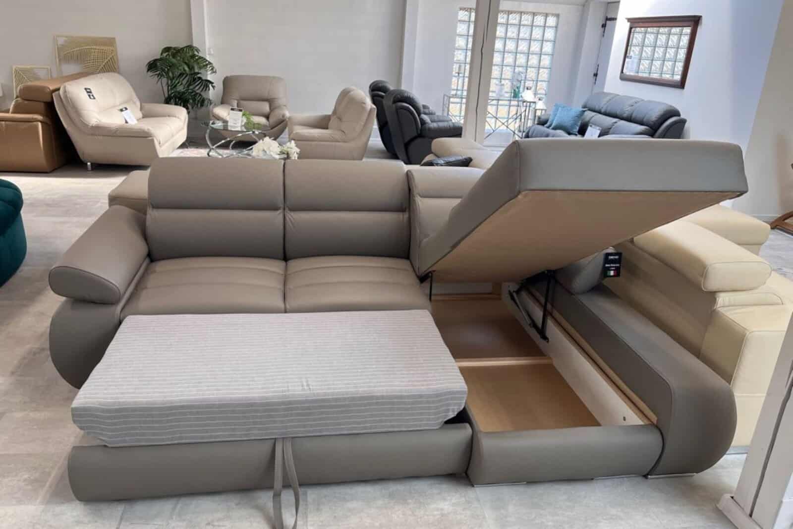 Narożnik Panama skóra + eko kolor Granit pojemnik oraz funkcja spania