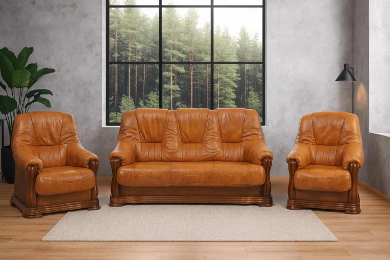 Komplet wypoczynkowy Andrea skóra naturalna bydlęca włoska, stelaż dębowy- meble deko meble na dębowym stelażu