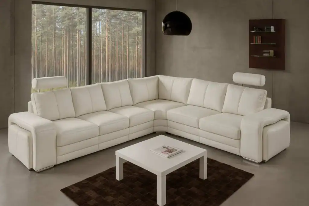 Designerski narożnik enzo ze skóry naturalnej z funkcją spanie, regulowanymi zagłówkami oraz pufami