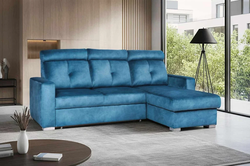 Narożnik Monti. Bardzo wygodny, miękki i nowoczesny funkcja spania i pojemnik