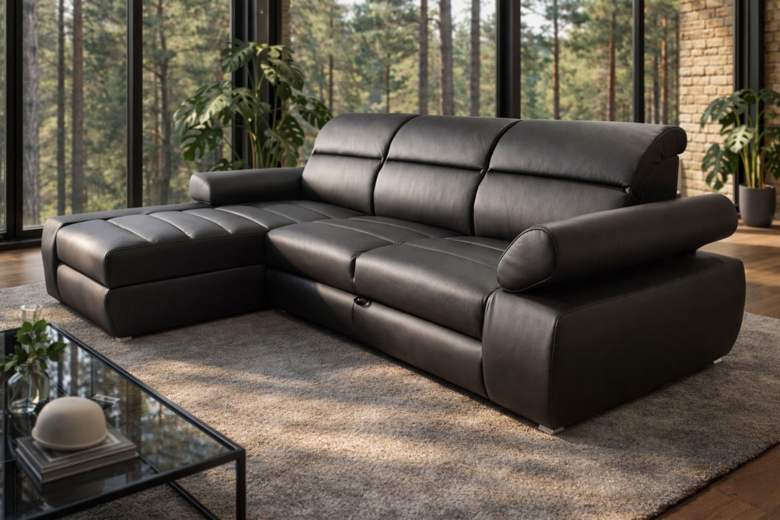 Narożnik Panama skóra + eko kolor czarny spanie + pojemnik