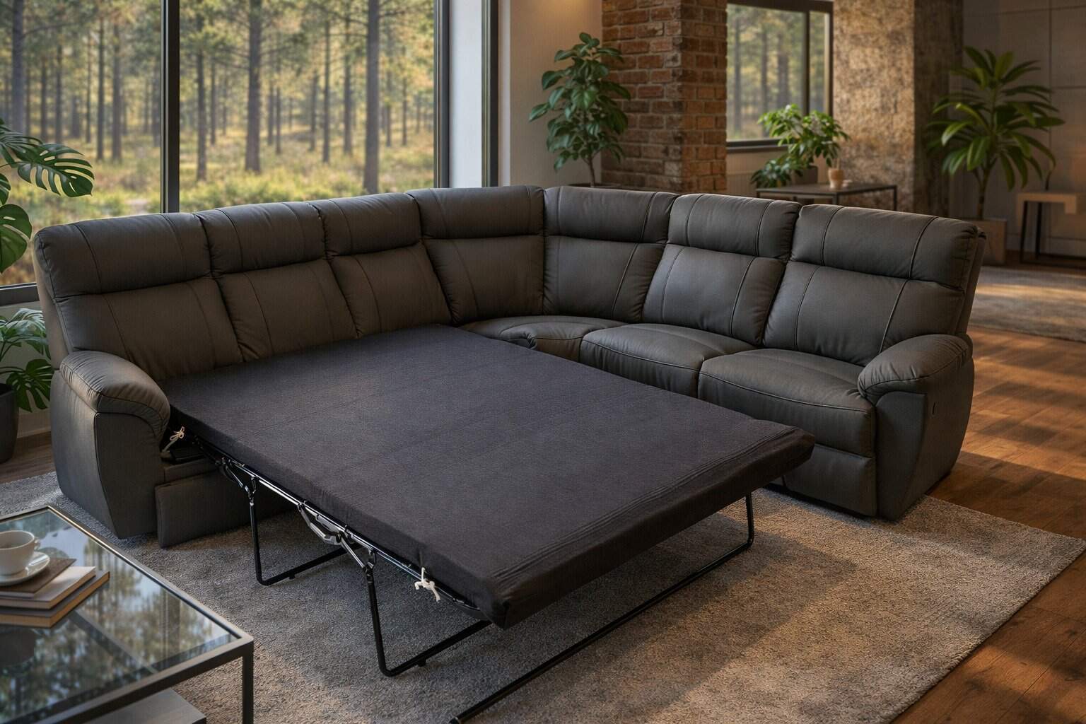 Montana III narożnik w skórze naturalnej + eko kolor szary spanie + relaks