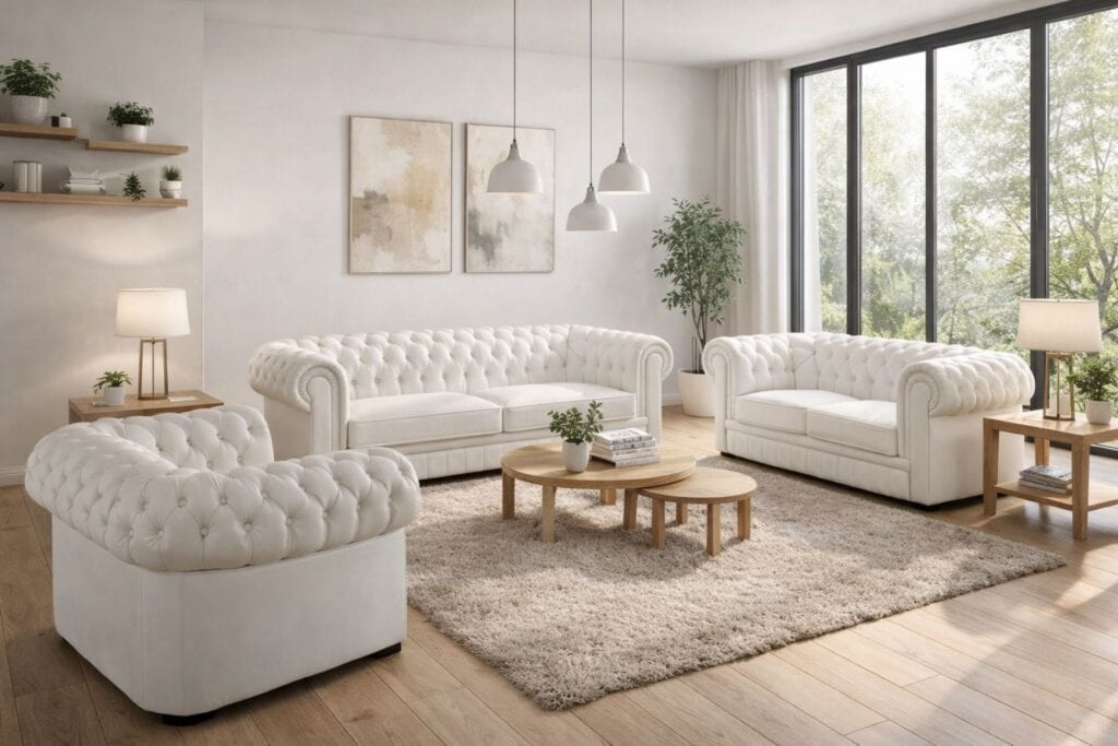 Model Chesterfield komplet wypoczynkowy skóra naturalna 100% meble deko przeszycia