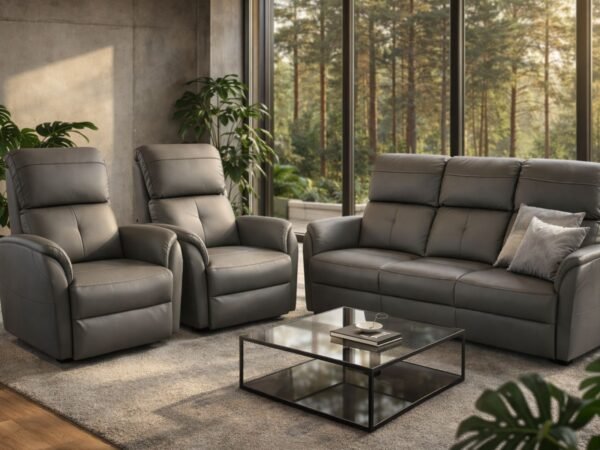 Komplet Magnus w kolorze szarym, sofa z funkcją spania, fotele z funkcją relax, obrót i bujanie