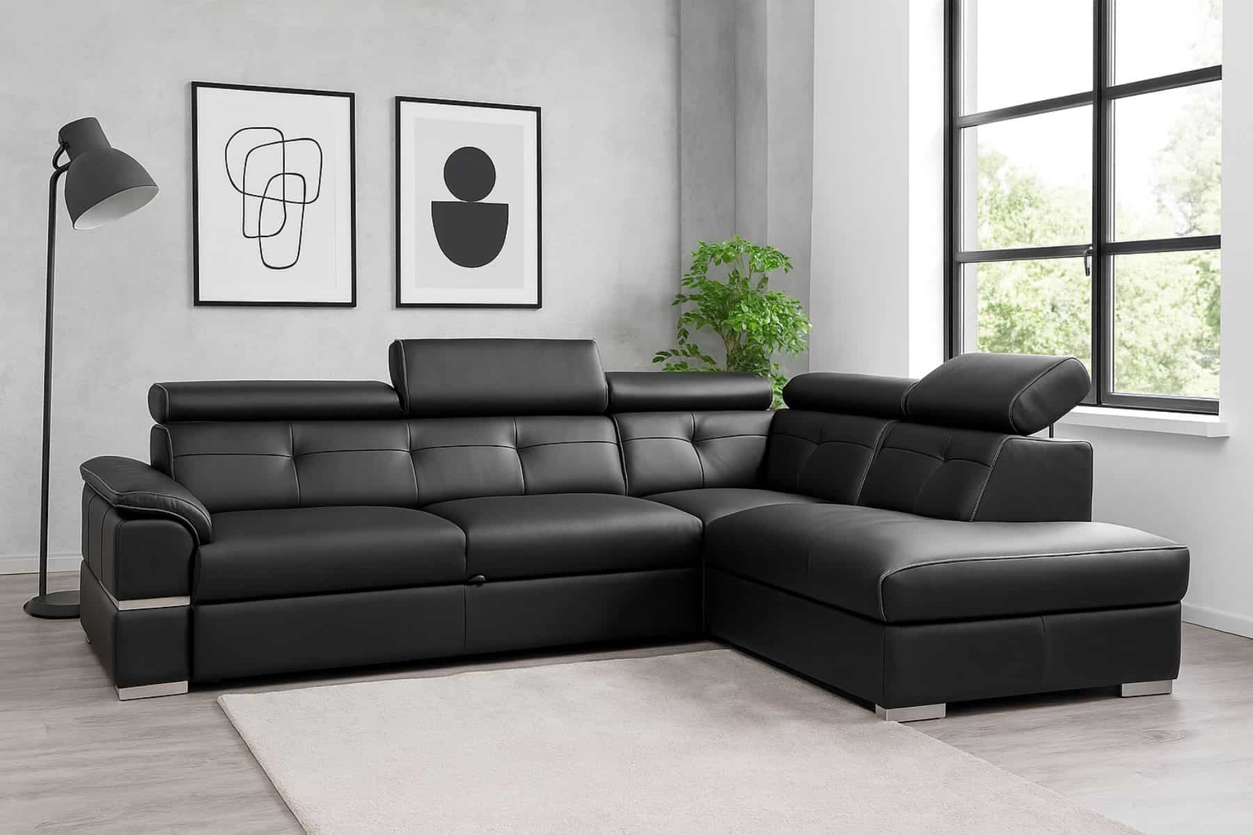 Elegancji narożnik dante ze skóry naturalnej z funkcją spania oraz z pojemnikiem na pościel