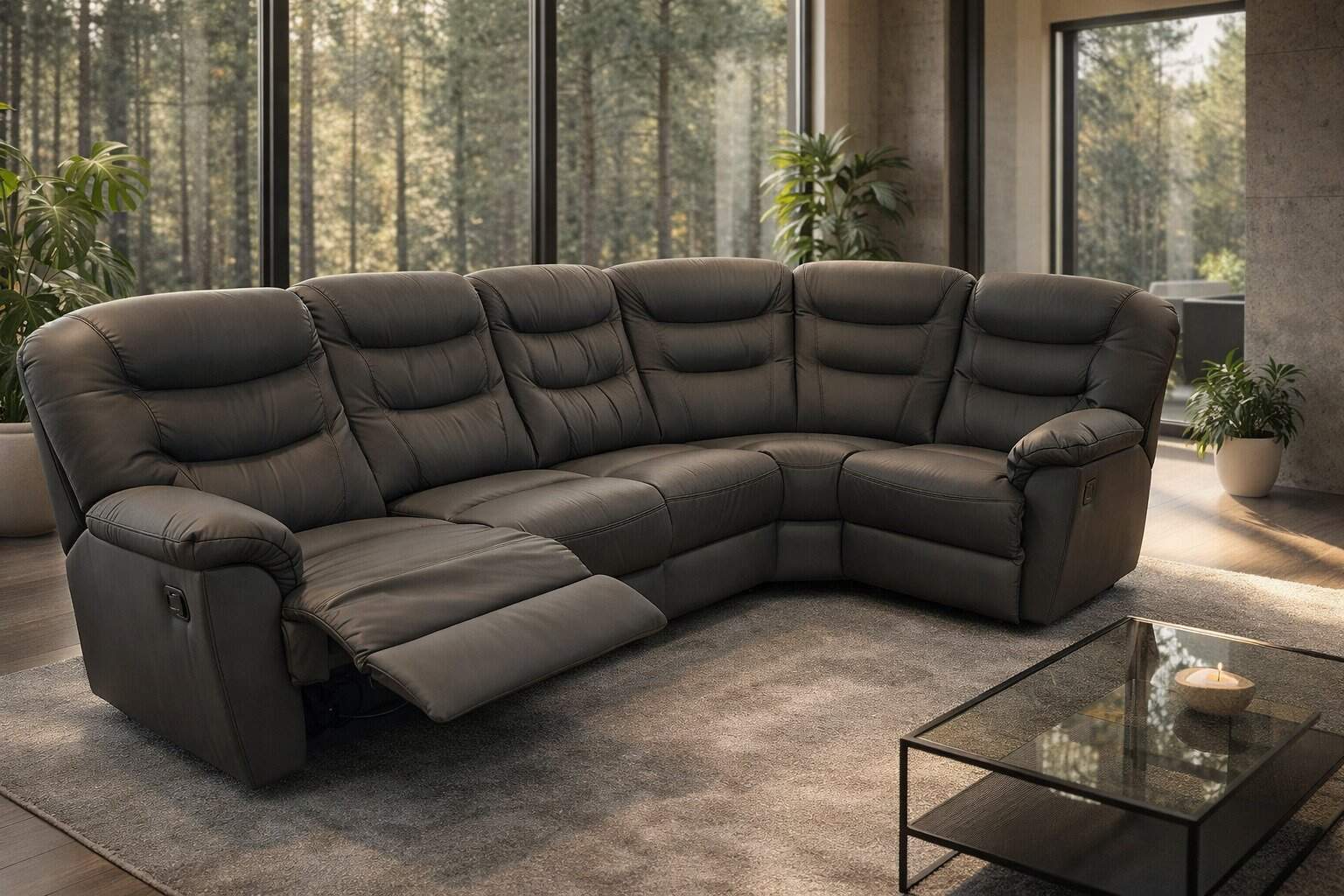 Montana II narożnik w skórze naturalnej + eko kolor szary funkcja relaks