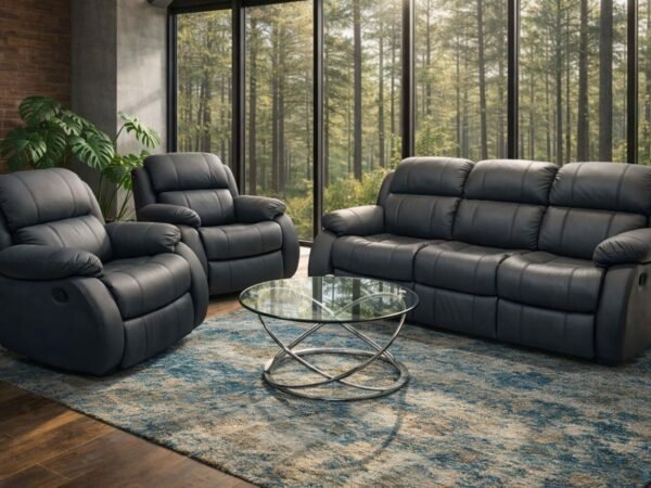 Komplet Reglainer skóra+eko, sofa 3os. ze spaniem, fotele z funkcją relaks, obrót i bujanie