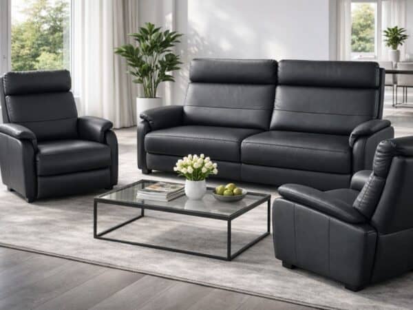 Komplet wypoczynkowy MOLTO w czarnej skórze, funkcja spania w sofie oraz funkcje relax w fotelach