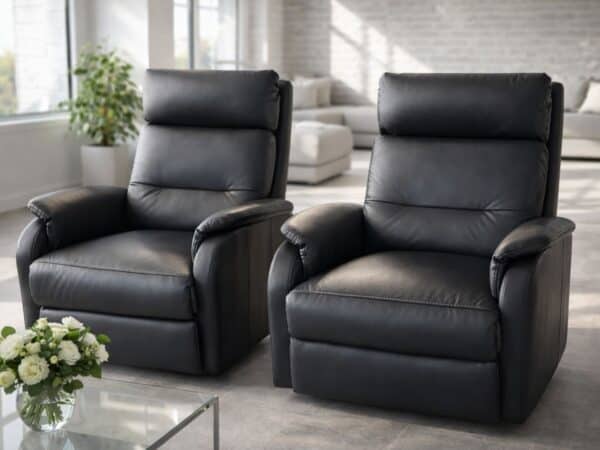 Komplet wypoczynkowy MOLTO w czarnej skórze, funkcja spania w sofie oraz funkcje relax w fotelach