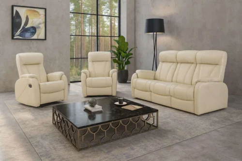 Beżowy komplet wypoczynkowy ze skóry naturalnej z funkcją relaks