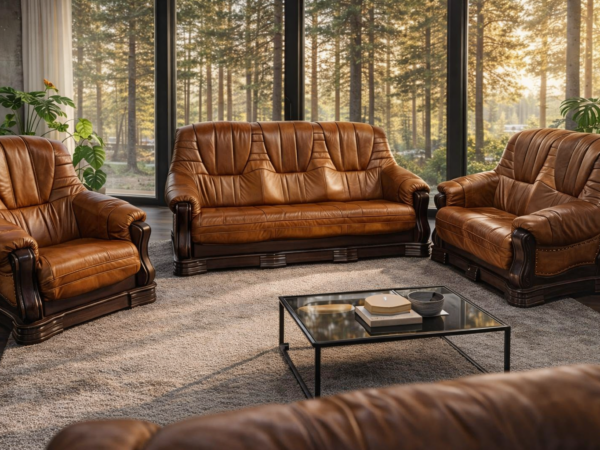 Patrycja komplet wypoczynkowy Patrycja , styl ponadczasowy skóra + stelaż dębowy