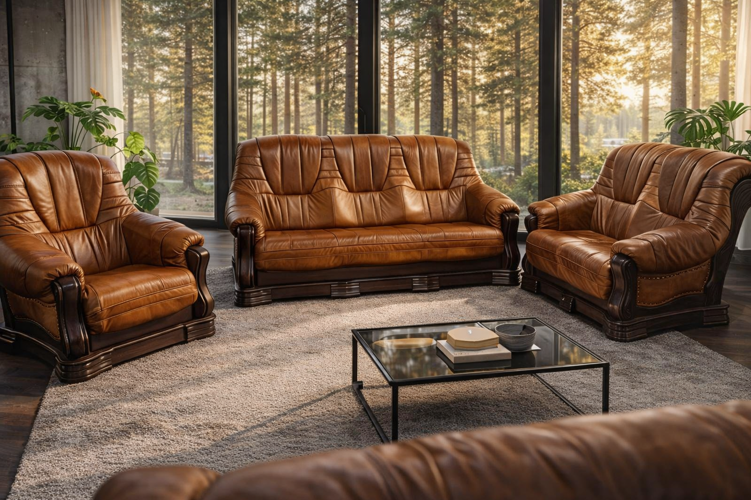 komplet wypoczynkowy Patrycja , styl ponadczasowy skóra + stelaż dębowy