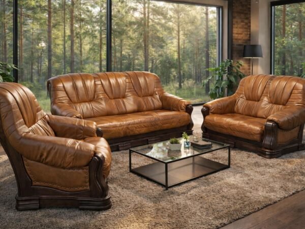 komplet wypoczynkowy Patrycja , styl ponadczasowy skóra + stelaż dębowy