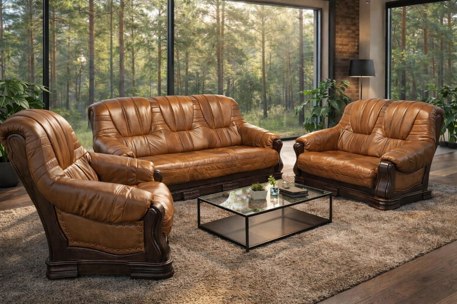 komplet wypoczynkowy Patrycja , styl ponadczasowy skóra + stelaż dębowy