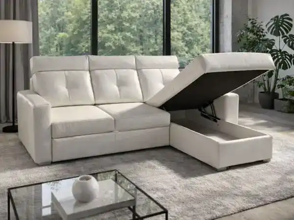 Narożnik Monti, wysoki, dobrze trzymający głowe, spanie + pojemnik, 100% skóra Modena