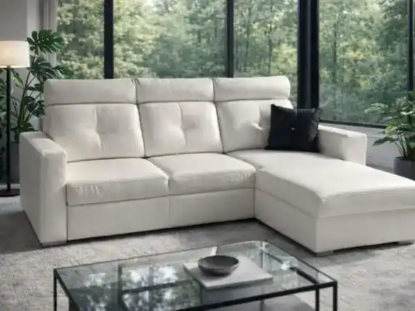 Narożnik Monti, wysoki, dobrze trzymający głowe, spanie + pojemnik, 100% skóra Modena