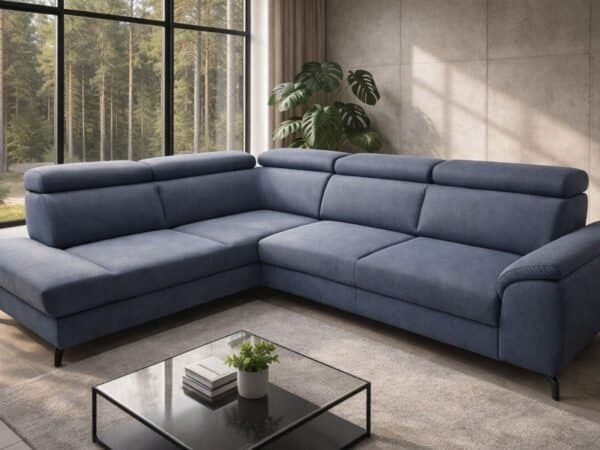 Narożnik Siella w tkaninie, na wysokich nóżkach, spanie i pojemnik