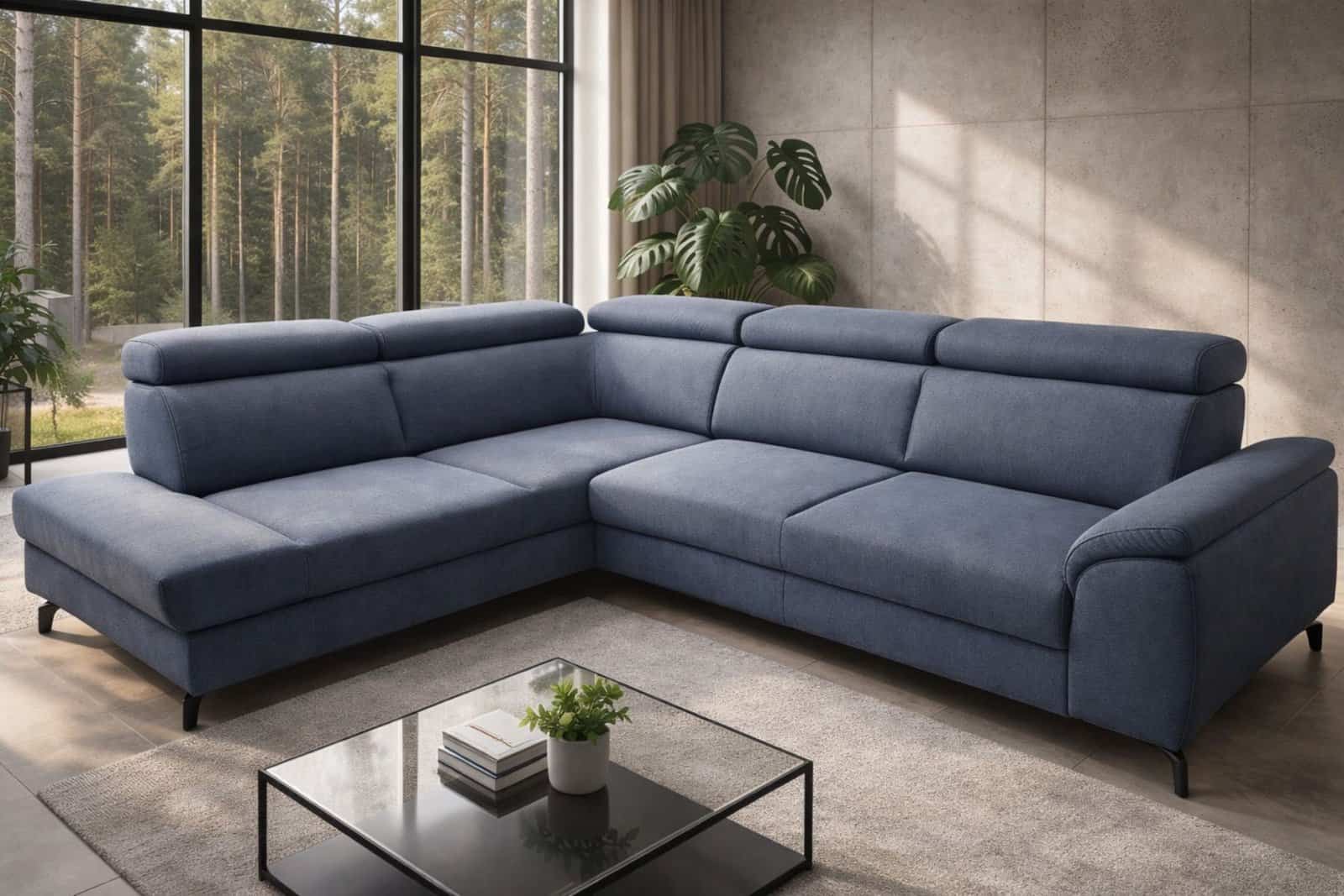 Narożnik Siella w tkaninie, na wysokich nóżkach, spanie i pojemnik