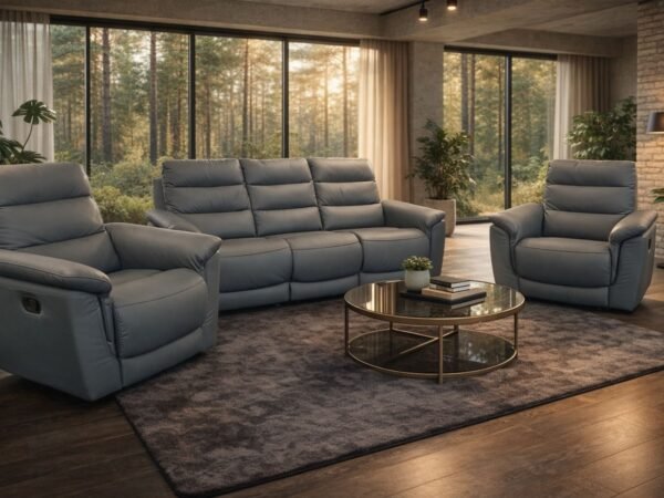 ciemno szary komplet wypoczynkowy ze skóry naturalnej z funkcją relaks