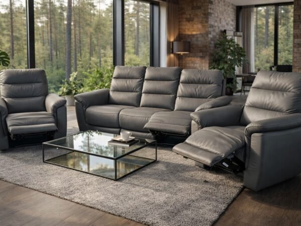 ciemno szary komplet wypoczynkowy ze skóry naturalnej z funkcją relaks