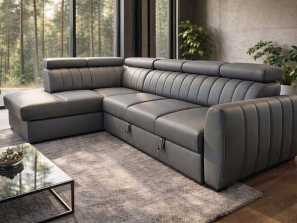 Narożnik Castel skóra naturalna szary spanie + pojemnik