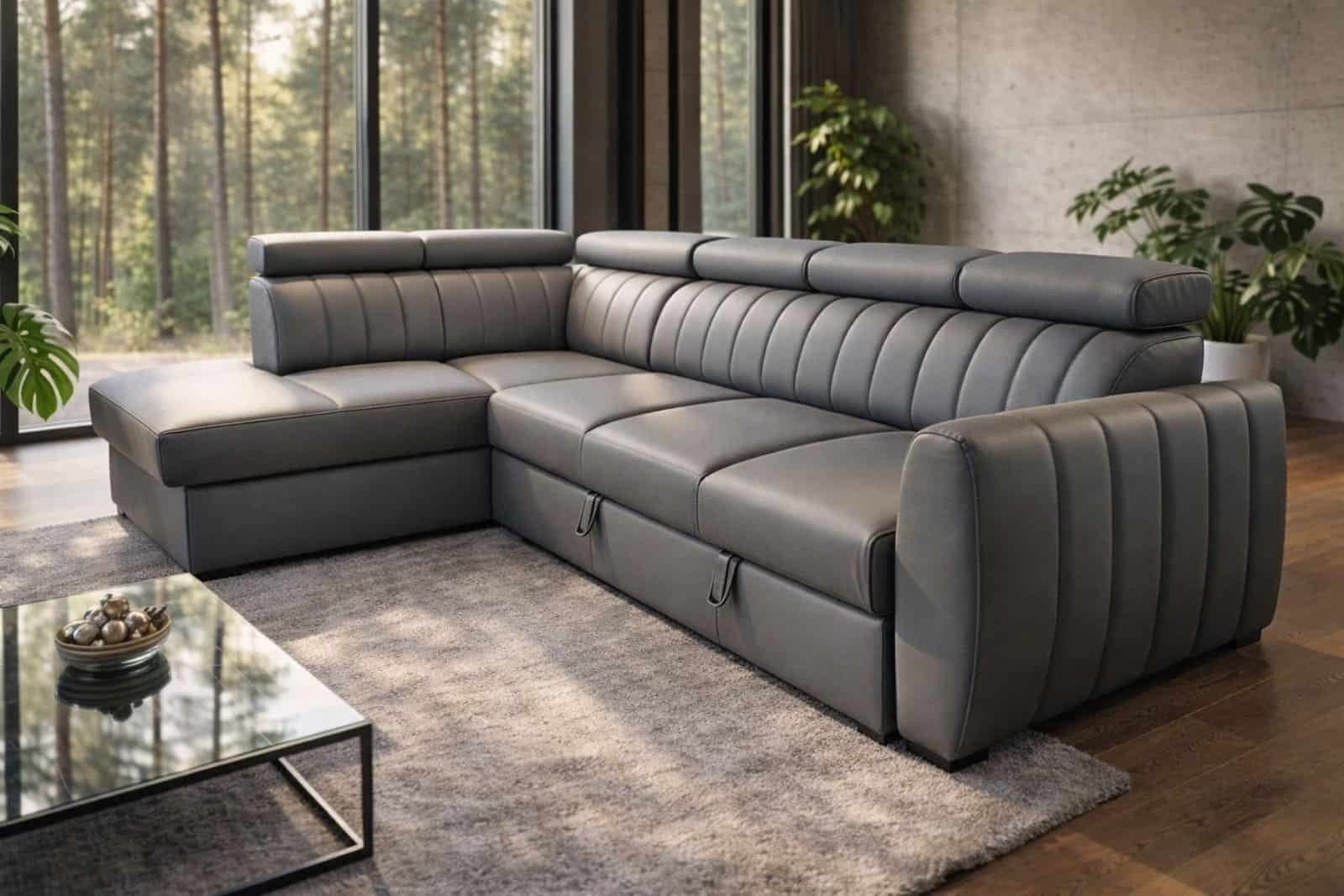 Narożnik Castel skóra naturalna szary spanie + pojemnik