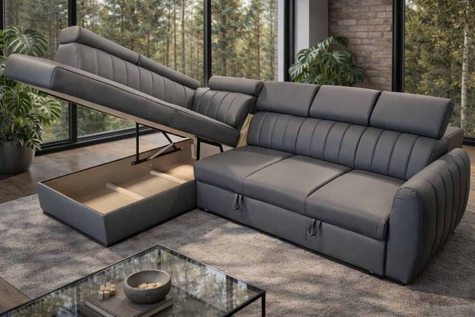 Narożnik Castel skóra naturalna szary spanie + pojemnik