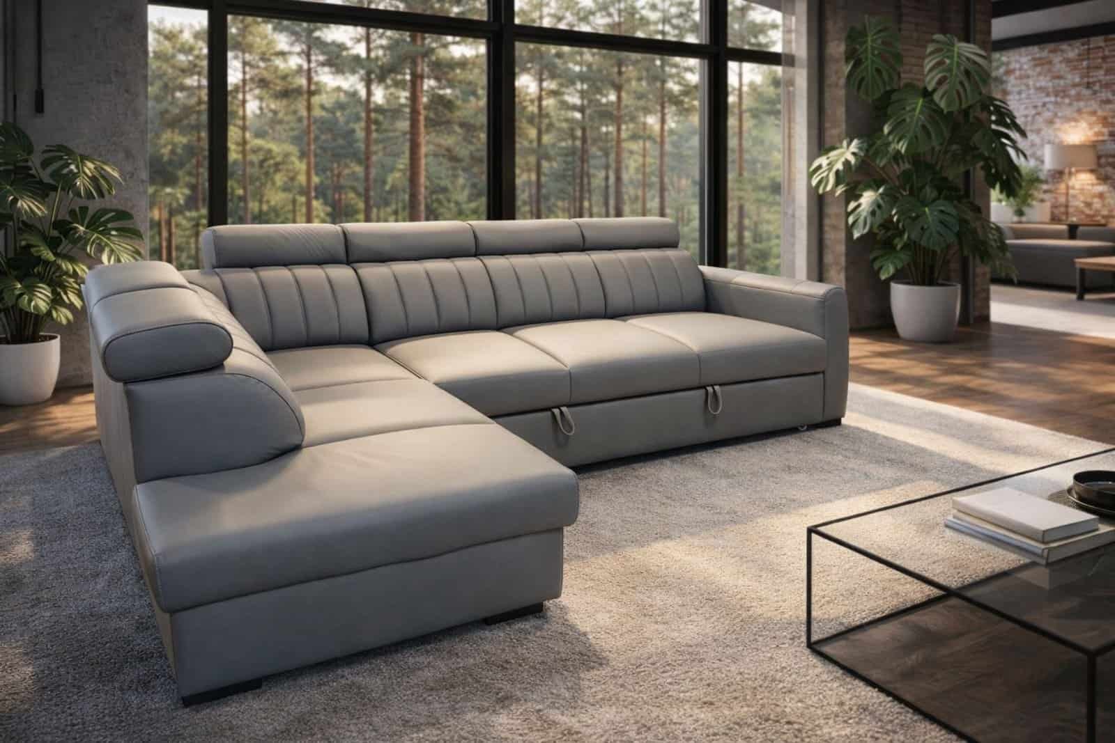 Narożnik Castel skóra naturalna szary spanie + pojemnik