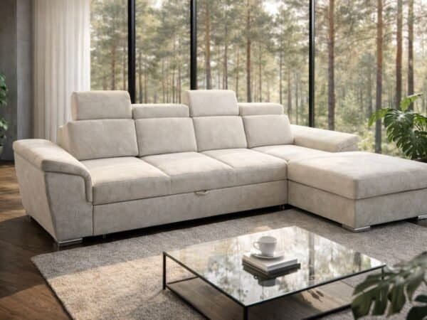 Narożnik Cayenne tkanina beżowo - szary , spanie + pojemnik