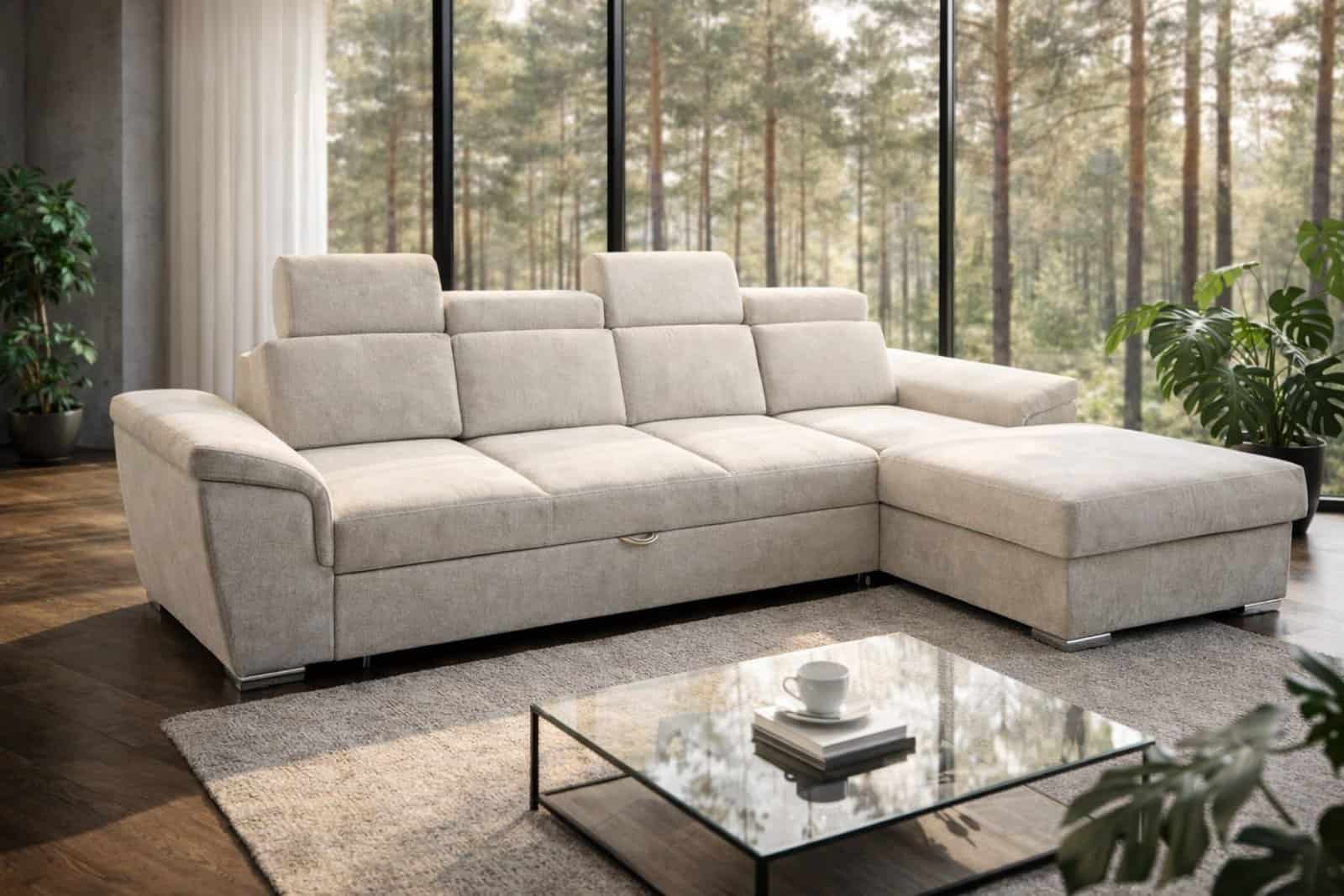 Narożnik Cayenne tkanina beżowo - szary , spanie + pojemnik