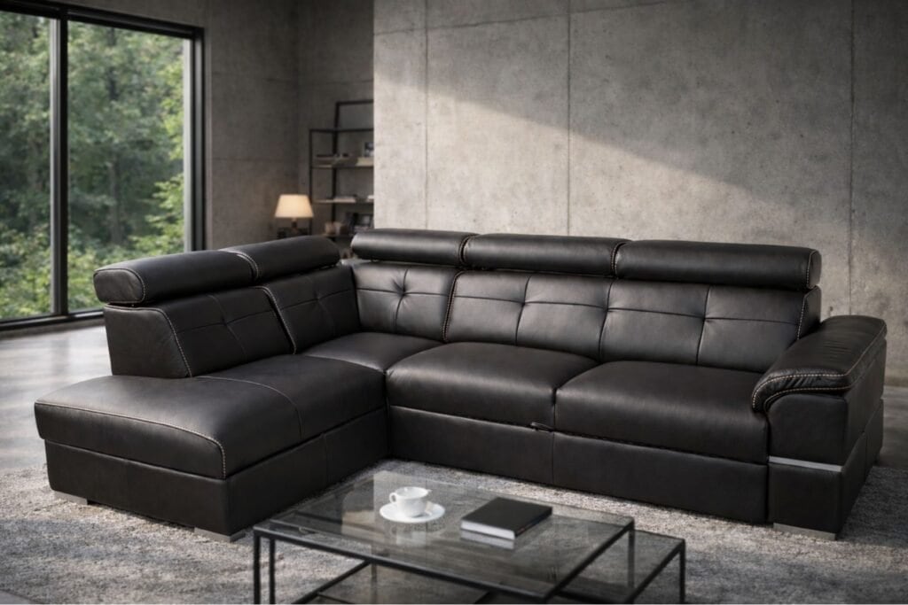 Elegancji narożnik dante ze skóry naturalnej z funkcją spania oraz z pojemnikiem na pościel meble skórzane przeszycia