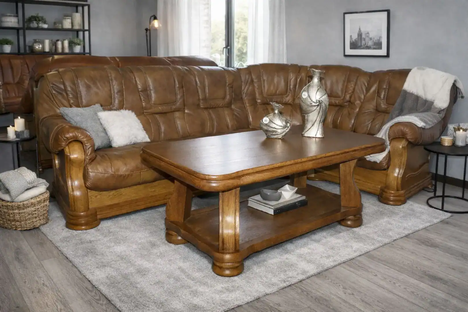 narożnik Aneta II skóra naturalna oraz stelaż dębowy styl ponadczasowy