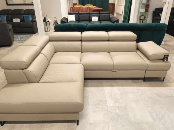 Narożnik Malibu Soft na wysokich nóżkach, 100% skóra naturalna, spanie i pojemnik