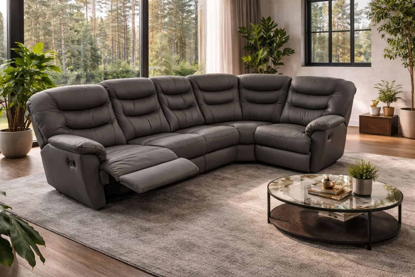 Montana II narożnik w skórze naturalnej + eko kolor szary funkcja relaks