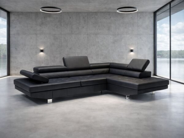 Narożnik Etno, regulowane zagłówki, funkcja spania i pojemnik na pościel, 100% skóra Włoska