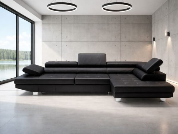 Narożnik Etno, regulowane zagłówki, funkcja spania i pojemnik na pościel, 100% skóra Włoska