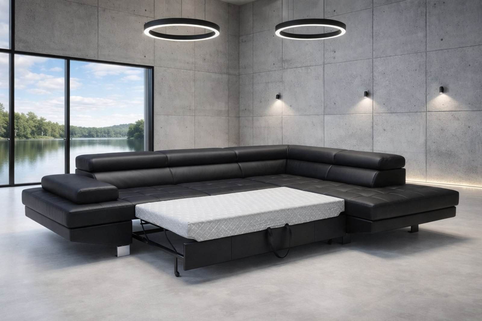 Narożnik Etno, regulowane zagłówki, funkcja spania i pojemnik na pościel, 100% skóra Włoska