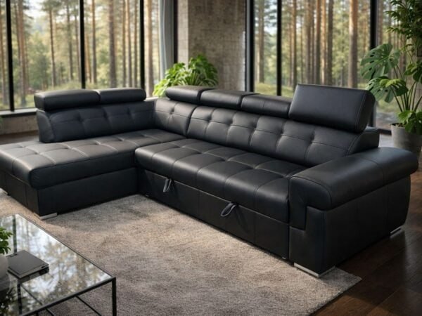 Narożnik Atlanta skóra czarny spanie + pojemnik