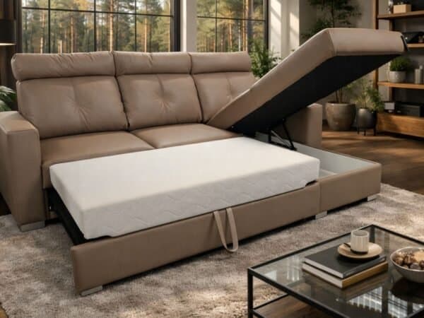 Narożnik Monti skóra naturalna + eko funkcja spania oraz pojemnik