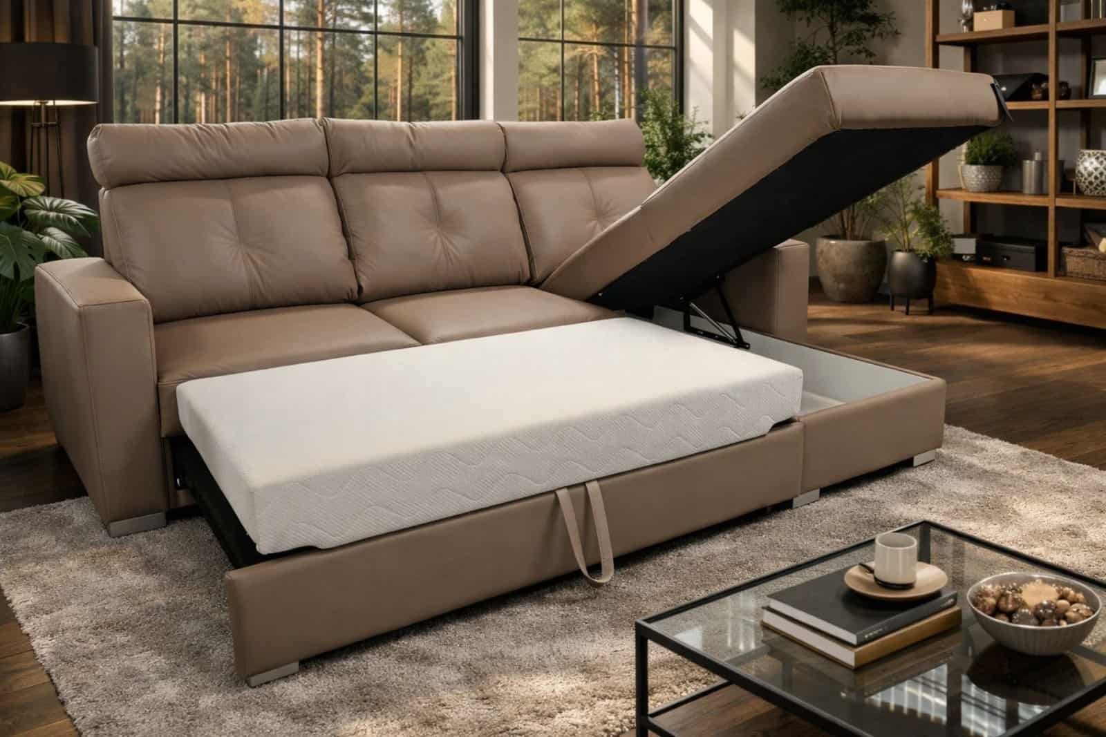 Narożnik Monti skóra naturalna + eko funkcja spania oraz pojemnik