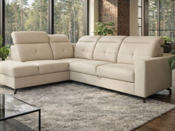 Narożnik Sułtan skóra naturalna kolor ecru spanie + pojemnik