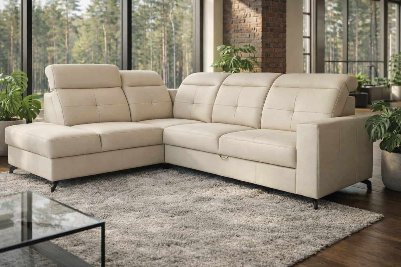 Narożnik Sułtan skóra naturalna kolor ecru spanie + pojemnik